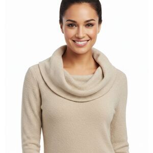 Cache Shimmering Beige Cowl-Neck Long Sleeve Sweater Knit Slim Medium Stretch